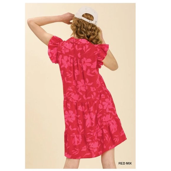 Floral Red Dress - Collar - Short Ruffled Sleeves - Tiered - Plus Size Dresses - Picture 7 of 7